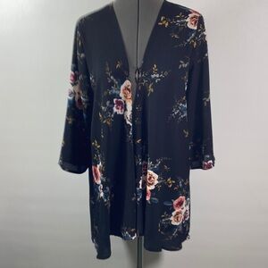 Abollria Duster Women Size M Black w Floral Design Open Front 3/4 Sleeves